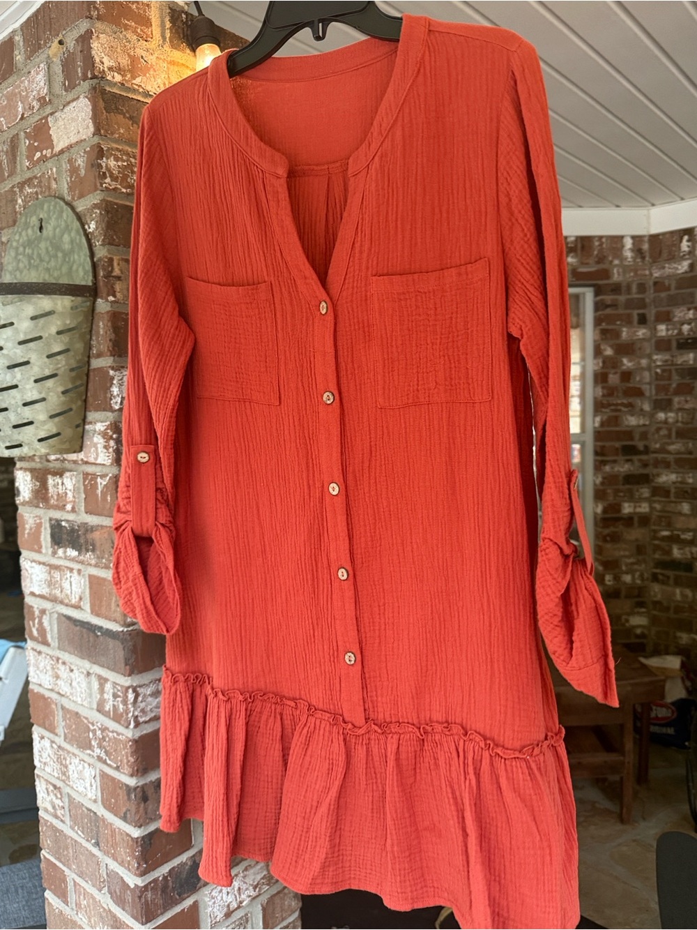 Women's Rust Button-Front Drop-Waist Ruffle Hem Dress